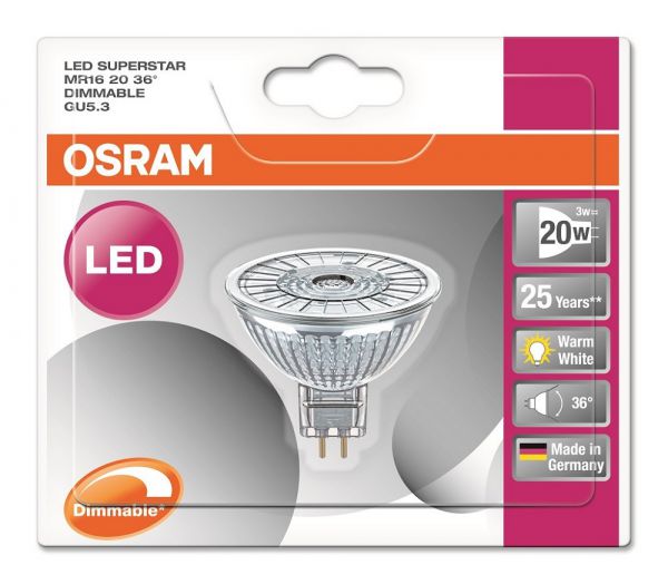 Osram LED SUPERSTAR MR16 20 36° GU5.3 Strahler Glas 2700K wie 20W dimmbar